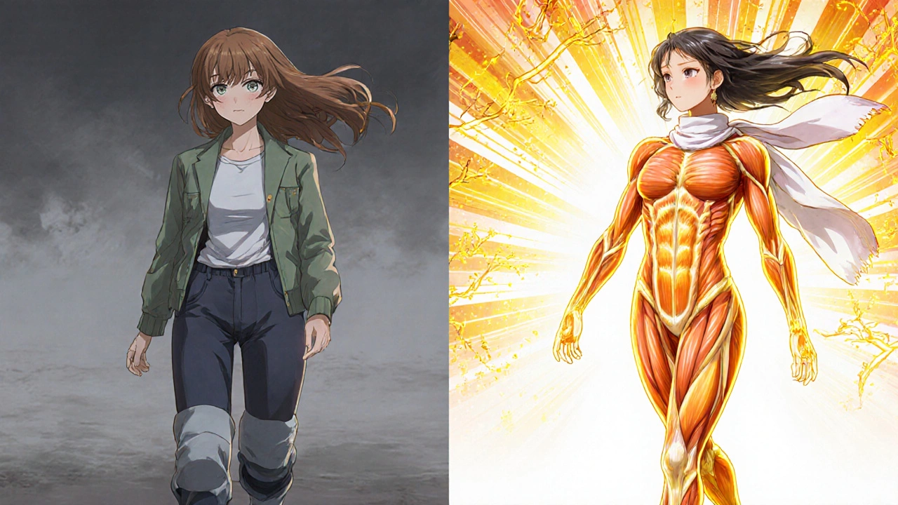 Before-and-after scene of a woman transformed from fatigue to vibrant energy, showing enhanced circulation.