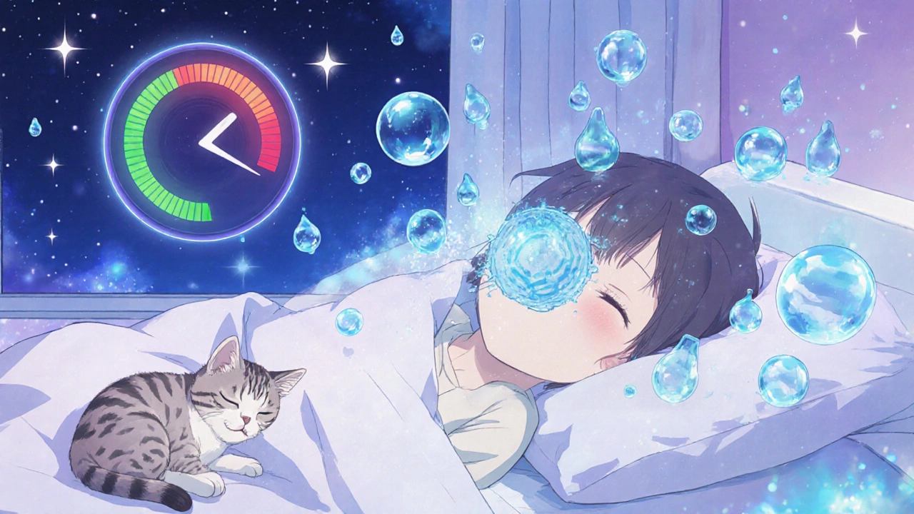 Child sleeping with cold compress, floating tear orbs cleansing allergens, pollen counter turning green at night.