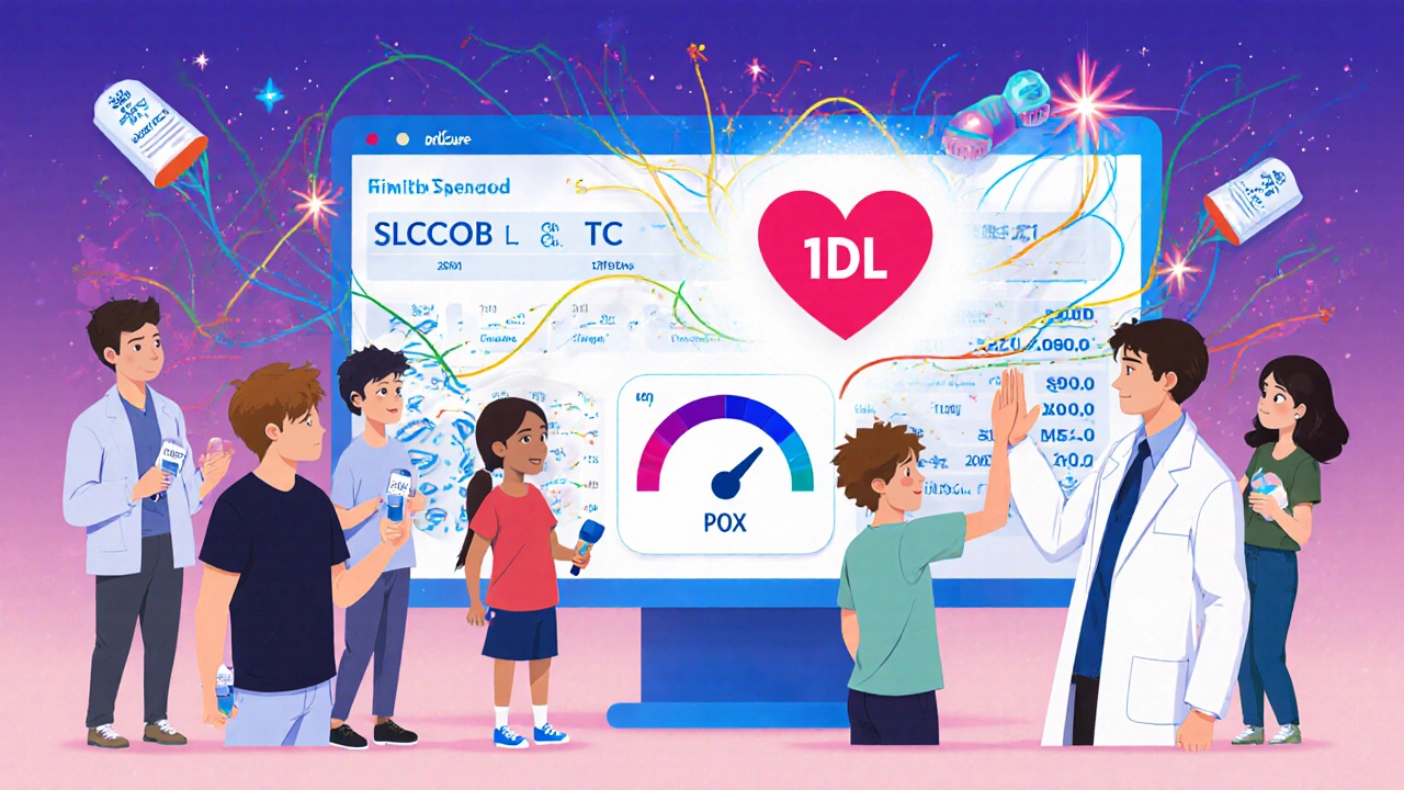 Diverse patients hold swab kits as genetic threads connect to a health dashboard, a doctor and patient celebrate as LDL drops with sparkles.
