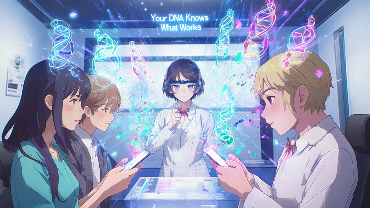 Diverse patients receive glowing DNA scans in a futuristic clinic, with holographic drug-response profiles floating around them.