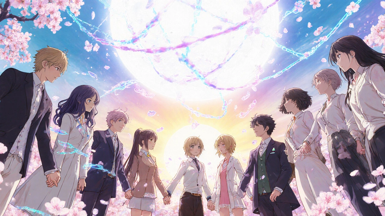 Diverse people hold hands as genetic chains connect to a healing light orb, with cancer cells turning into petals under a sun.