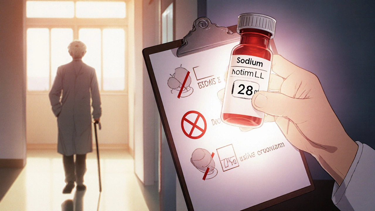 Doctor holding a glowing blood test vial with low sodium levels, SSRIs and diuretics crossed out.