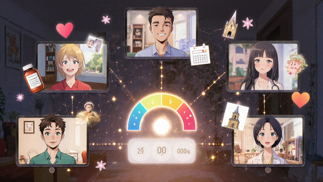 Five patients on a video call, floating cultural icons linked by light, symbolizing shared support.