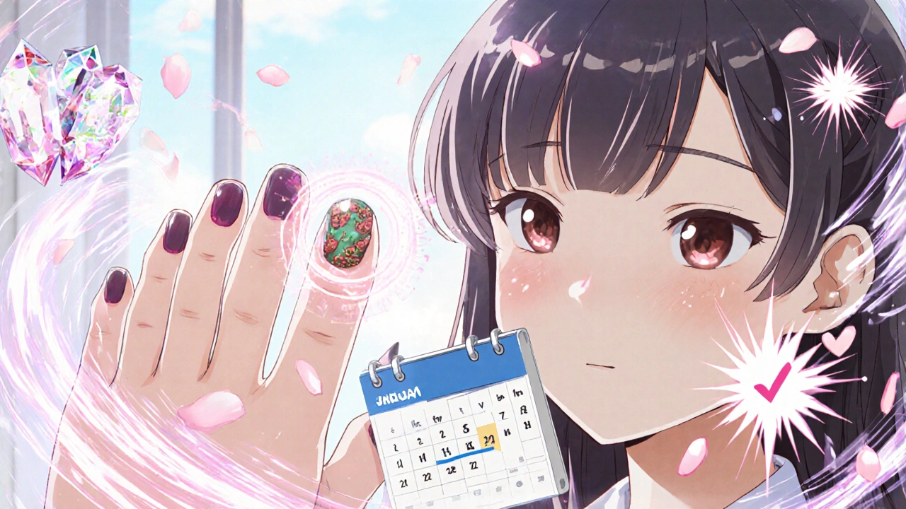 Healthy nails glowing with energy, antifungal crystals and biologic starbursts surrounding them, petals falling in background.