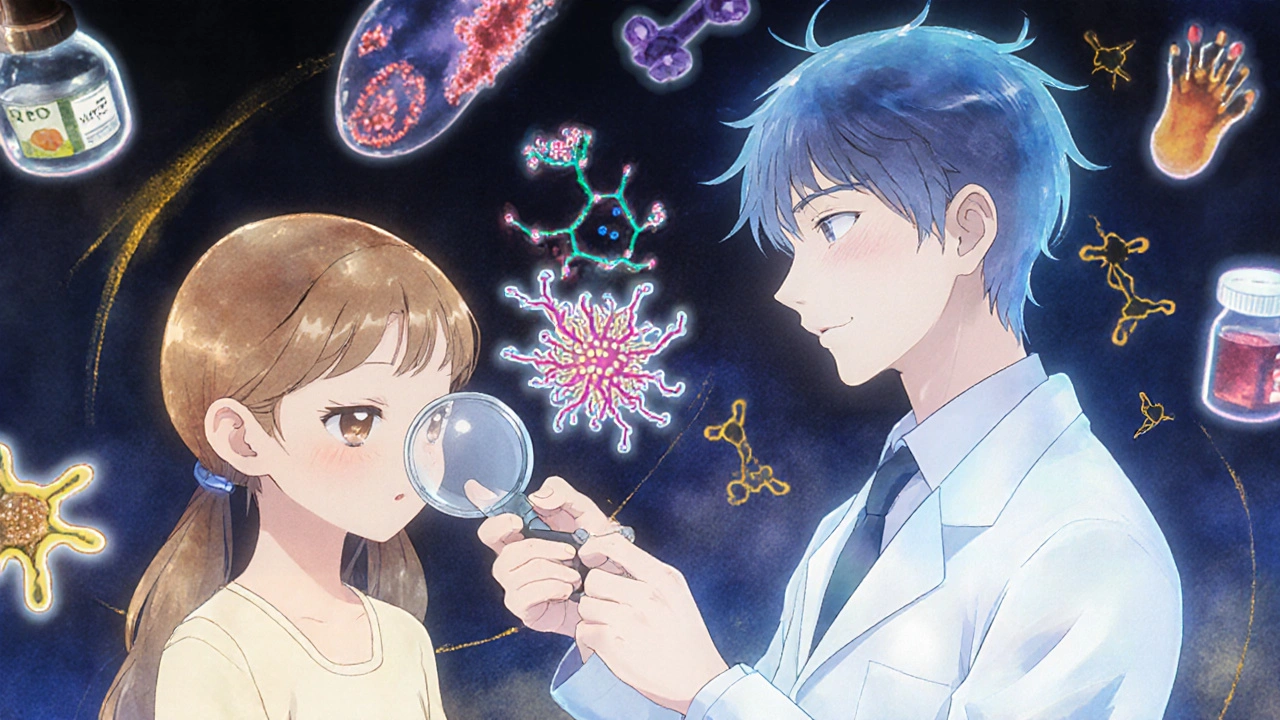 Patient examining nail with magnifying glass as glowing medical diagrams float nearby, symbolizing diagnosis.