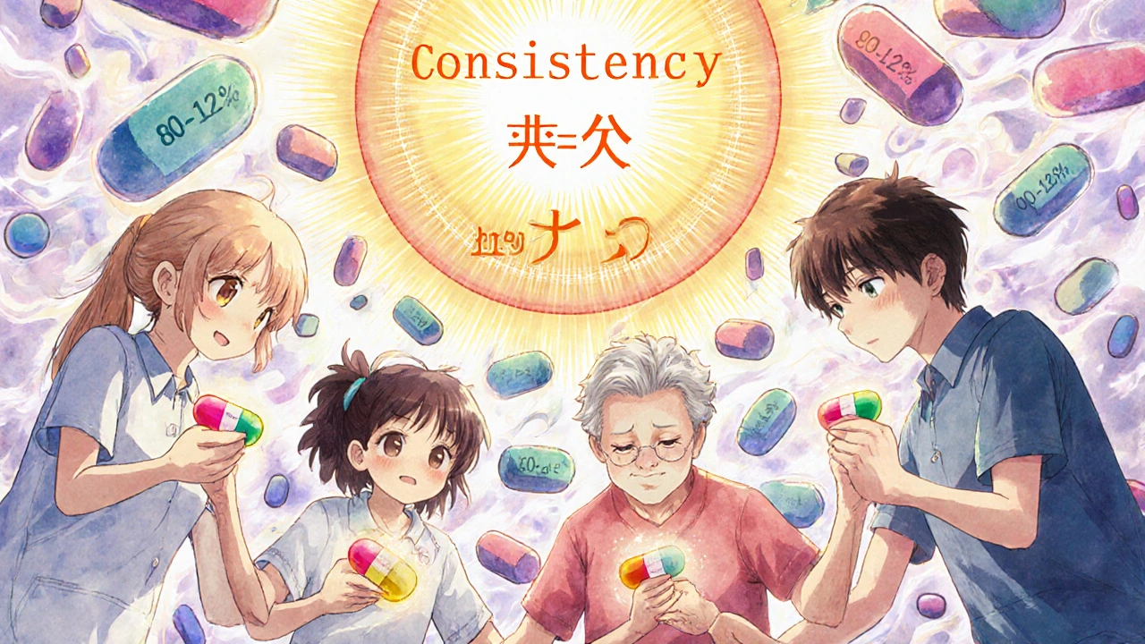 Patients form a protective circle with glowing pills, repelling stormy generic pill fragments.