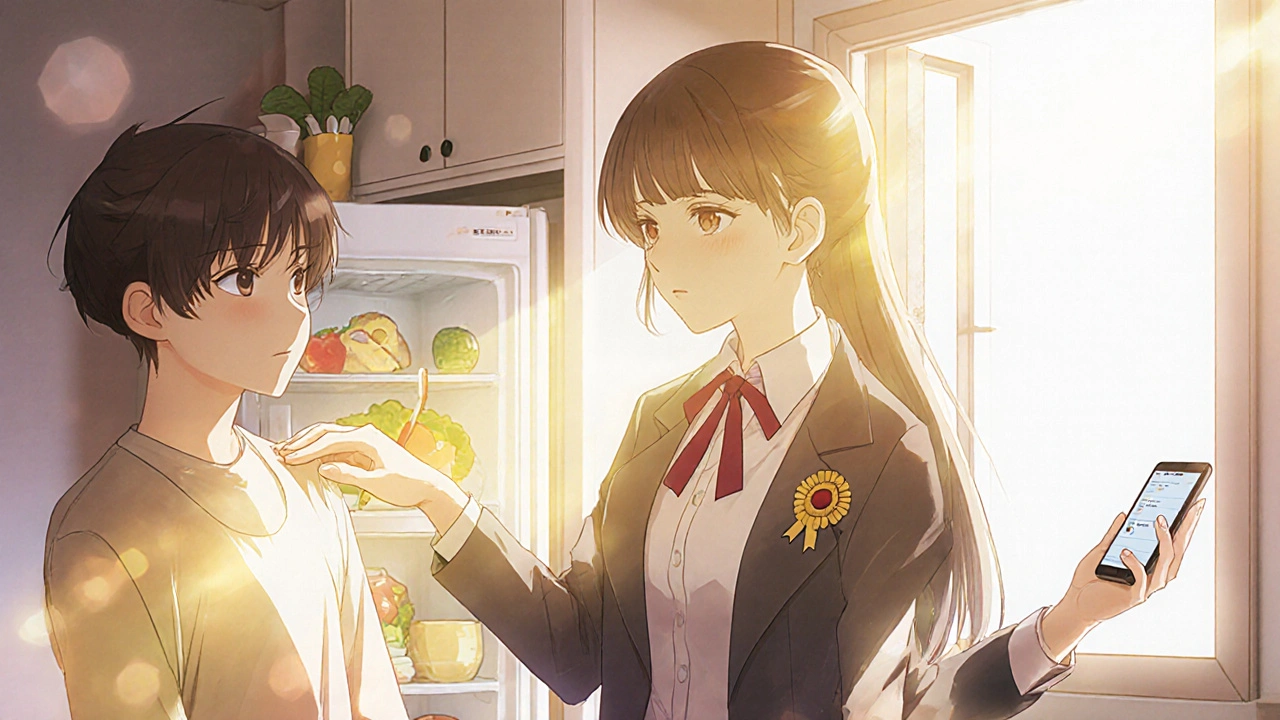 Peer mentor and new member in a kitchen, light connecting their hands as pills sit beside a toothbrush.