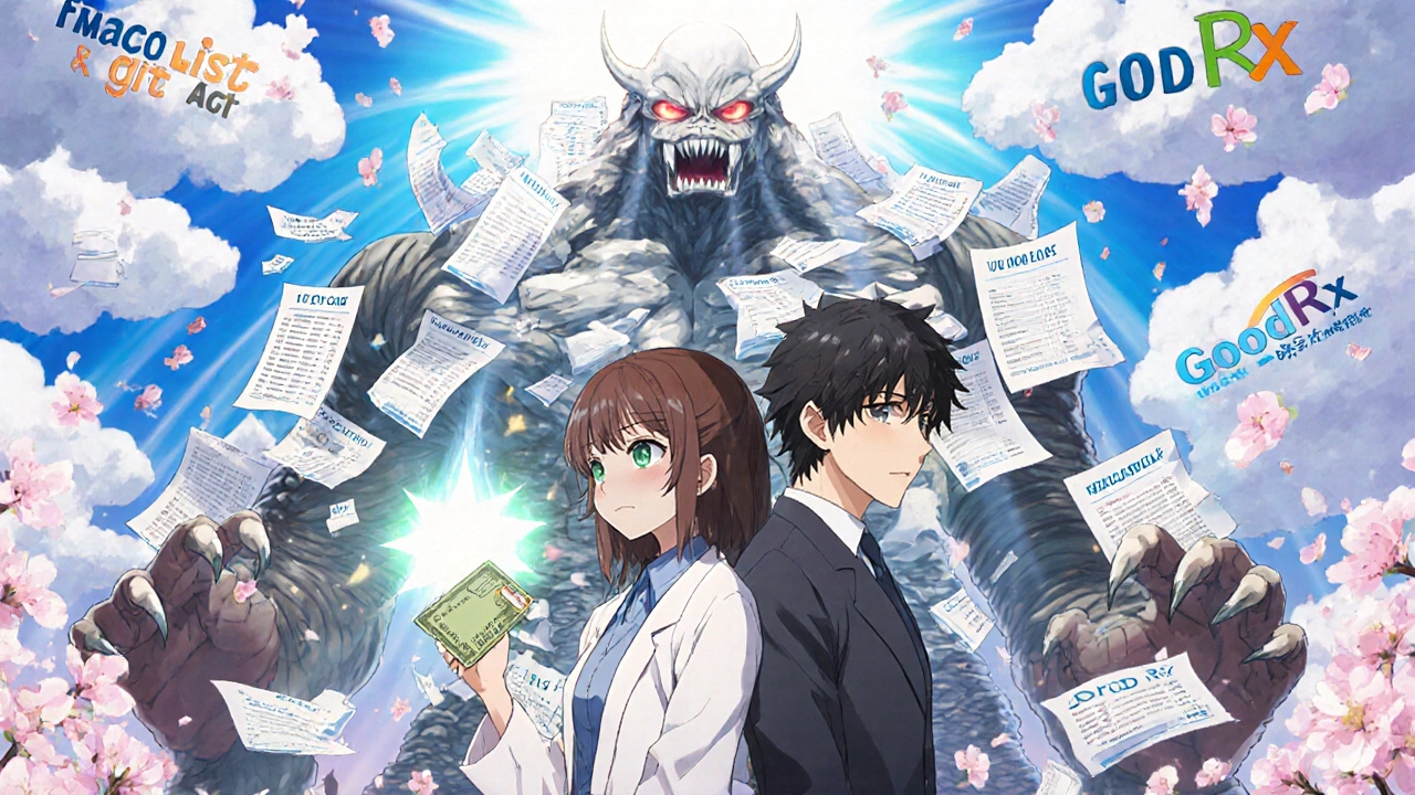 Pharmacist and patient fighting a financial monster made of contracts, holding a cash payment as a weapon.