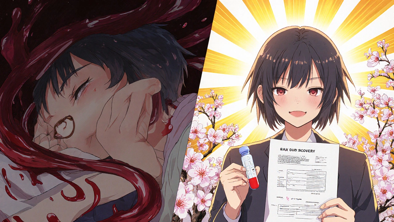 Split scene: one side shows collapse from bleeding, the other shows recovery with a protective pill and healthy blood report.