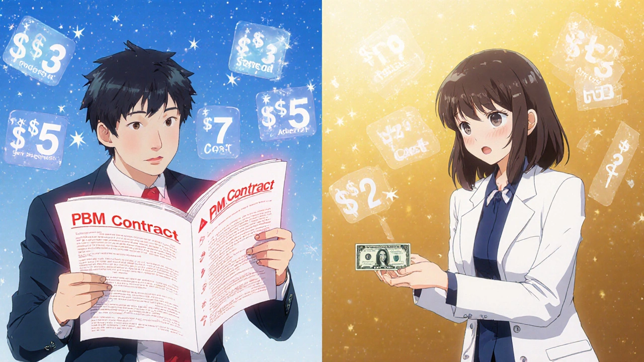 Split scene: pharmacist overwhelmed by PBM contract vs. customer paying  cash for the same drug.