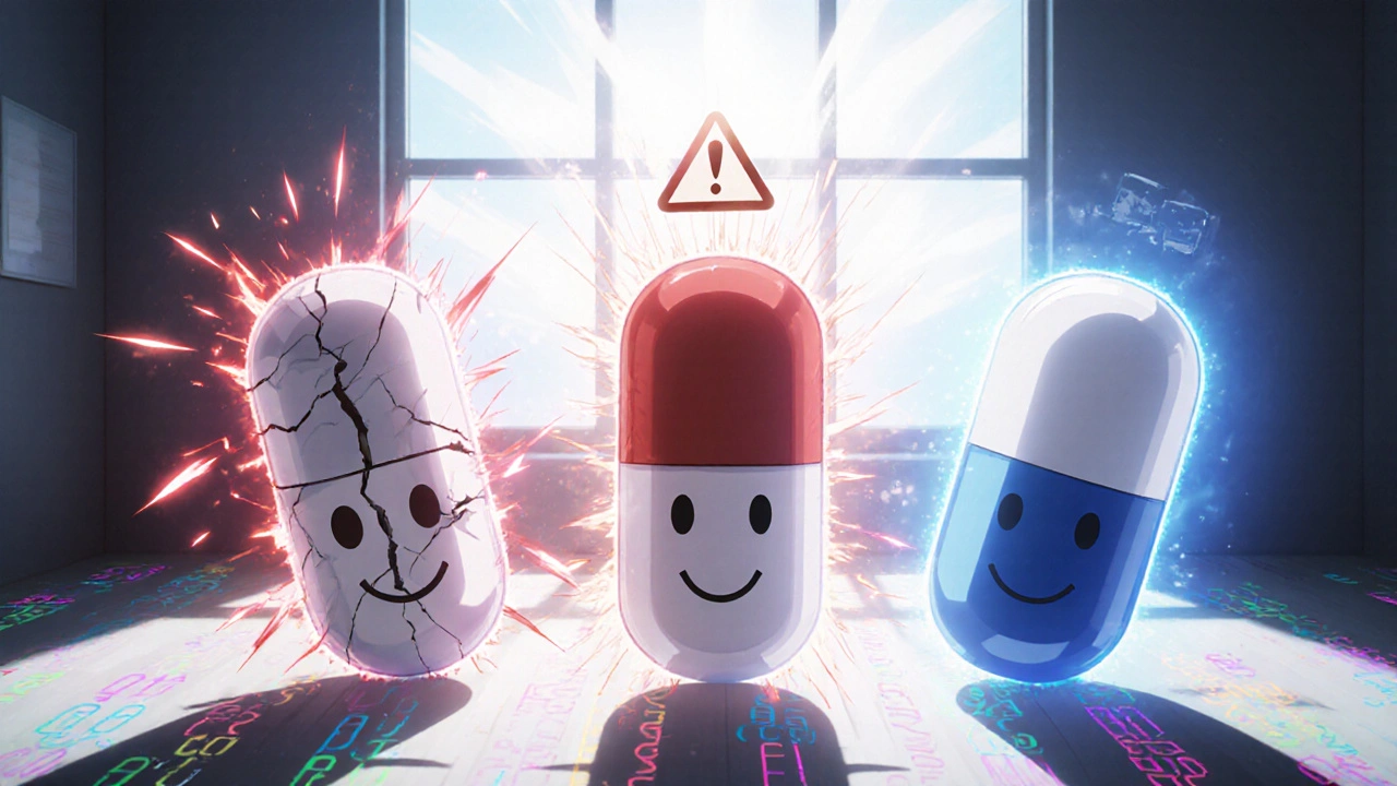 Three statin pills with different auras: simvastatin cracked and warning, rosuvastatin shining safely, sunlight streaming through a hospital window.