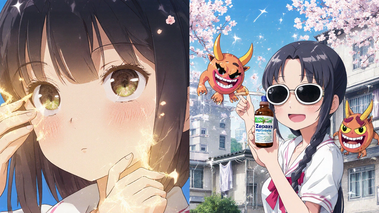 Young girl applying eye drops with glowing light, pollen demons dissolving as she wears sunglasses in vibrant spring setting.