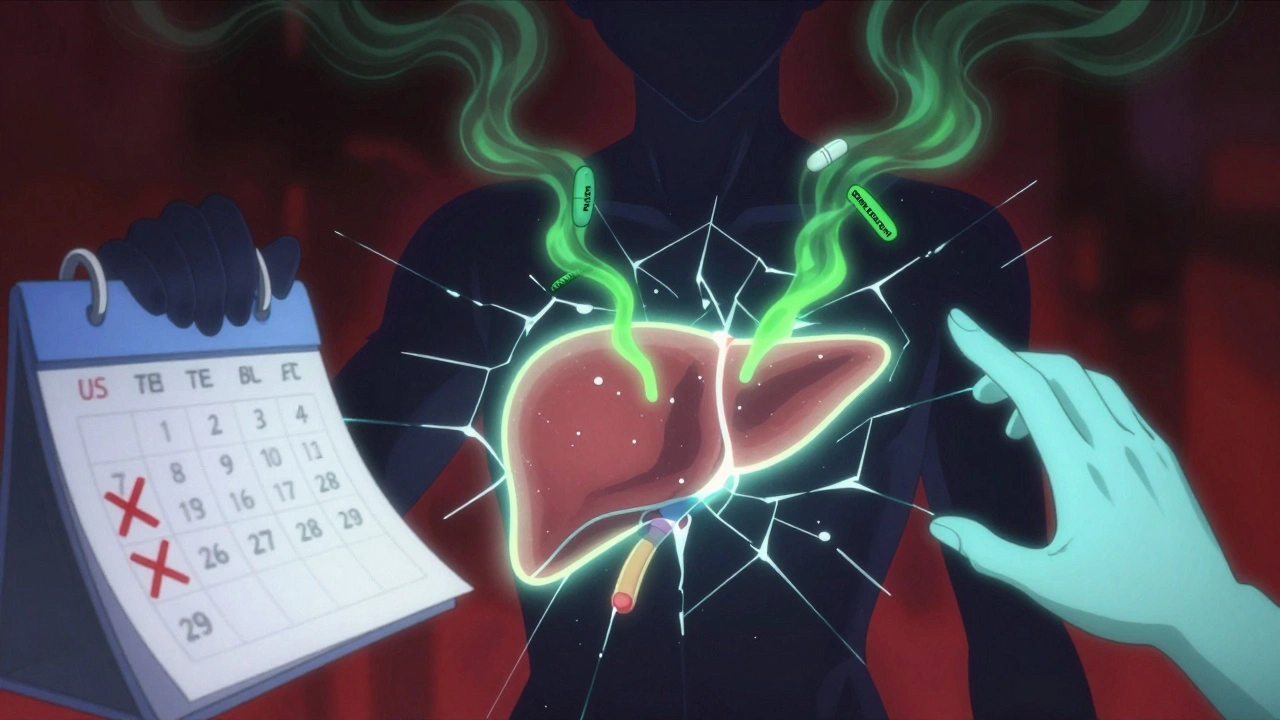 A cracked glowing liver surrounded by toxic smoke from common pills and supplements.