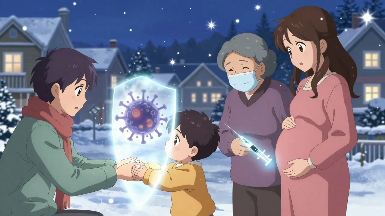 A family forms a protective shield against a shadowy virus, symbolizing prevention together.