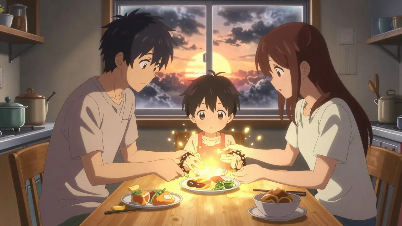 A family sharing a meal, golden light dissolving chains around a teen’s wrists as sunrise shines outside.