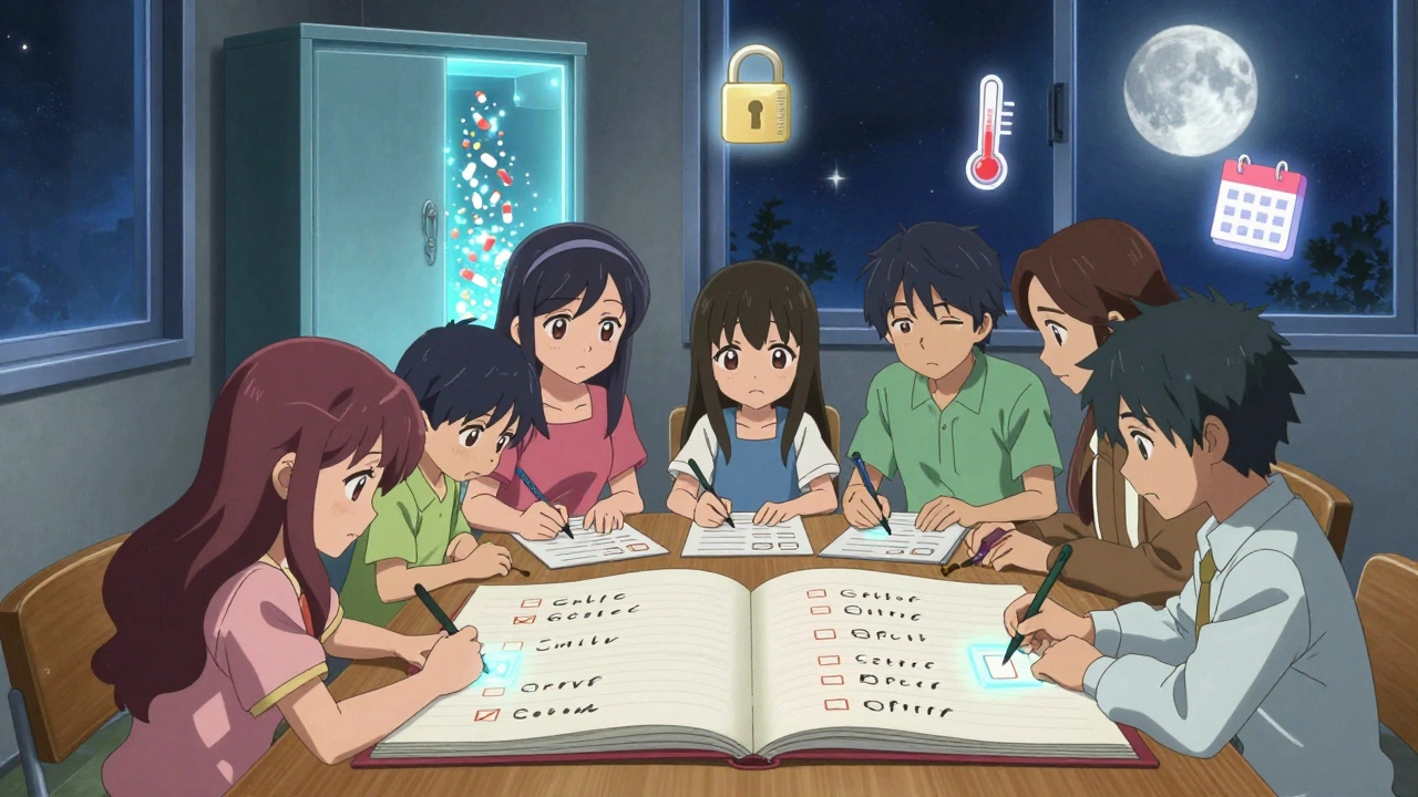 A family signing a medication log with glowing ink, a locked cabinet glowing softly behind them.