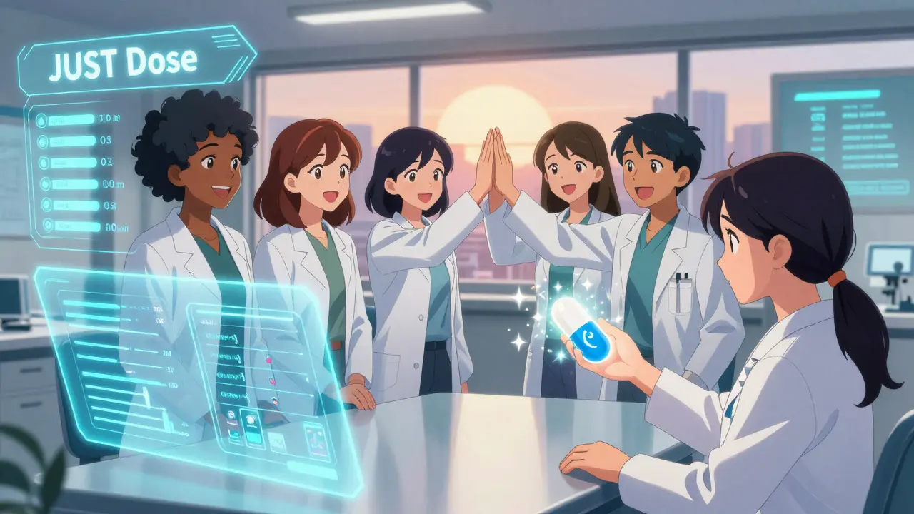 A futuristic AI system displays personalized dosing data for women in a clinic with scientists celebrating.