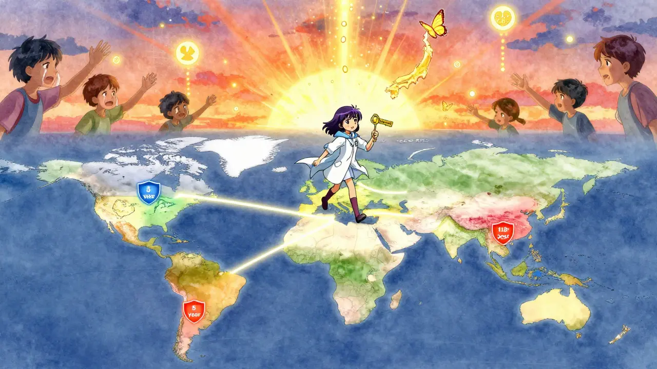 A girl runs across a world map with country-specific barriers, releasing generic pills as golden light as patients reach out behind her.