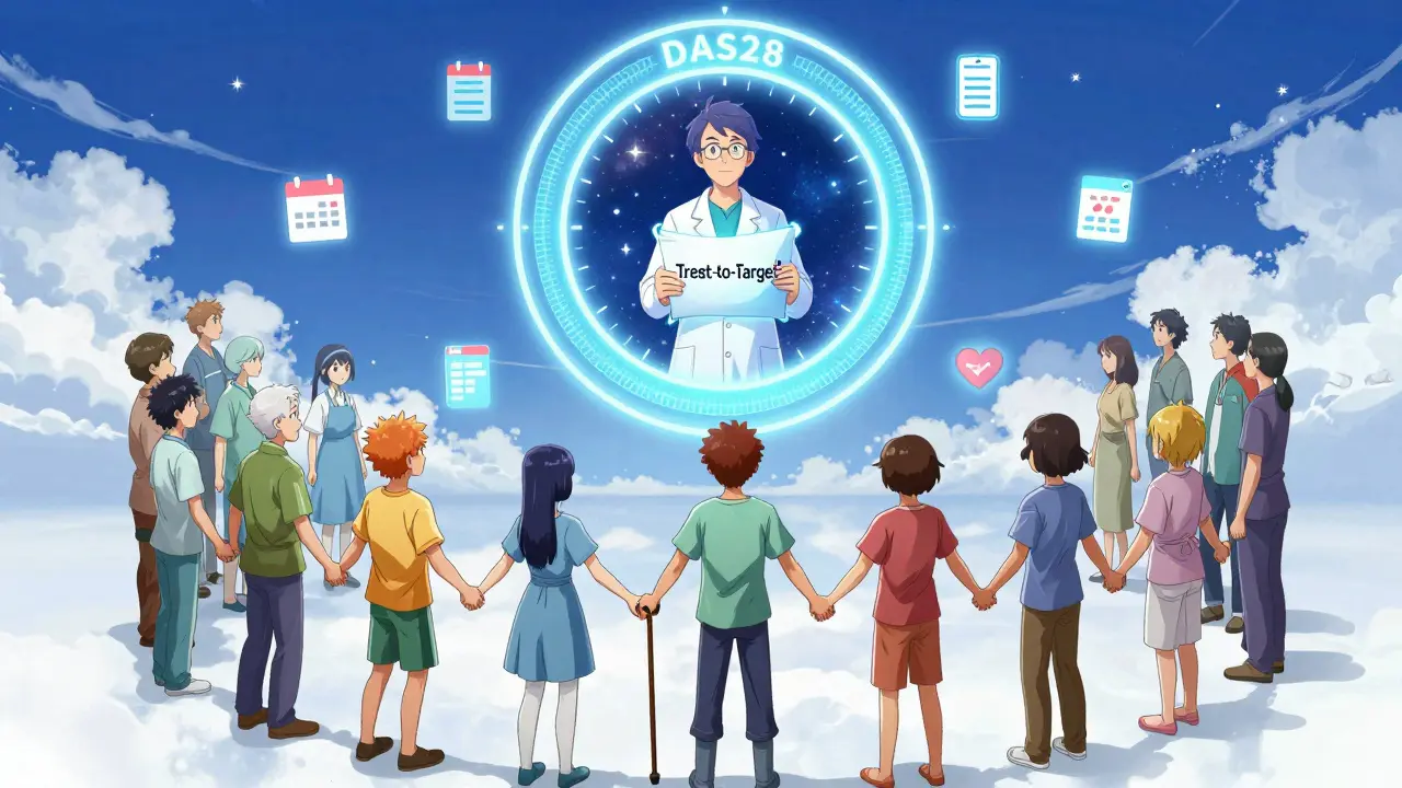 A group of patients hold hands under a glowing DAS28 target ring, symbolizing collective progress.