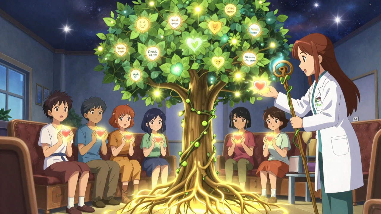 A group places emotional trigger tokens into a glowing tree, a therapist guides them as SMART goals bloom as leaves on the tree.