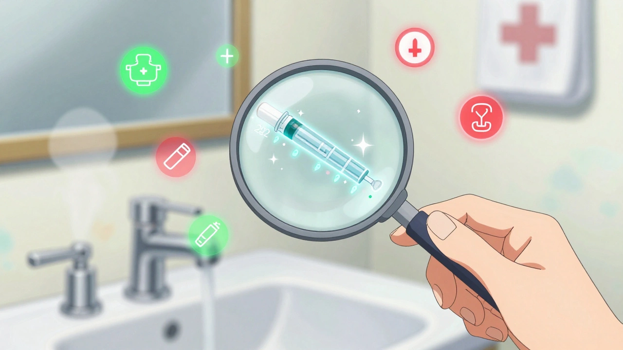 A hand inspecting an insulin pen with a holographic expiration timeline, sparkling with potency indicators.