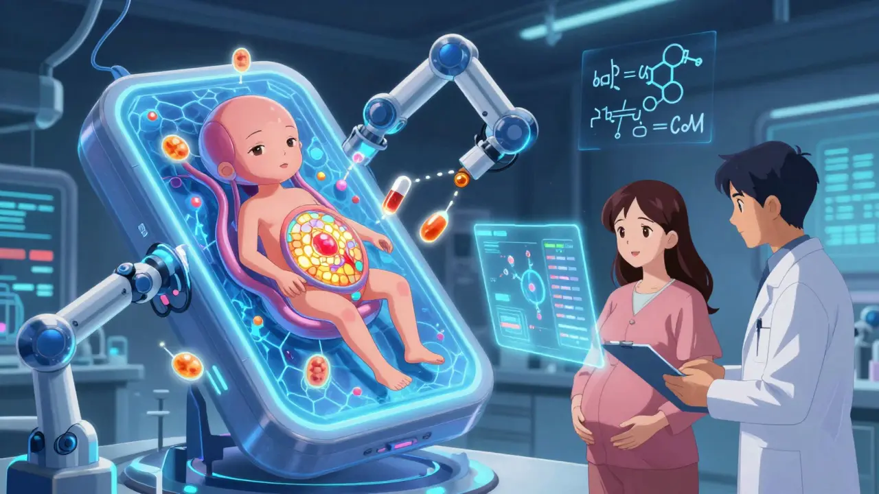 A high-tech placenta-on-a-chip lab scene with glowing cells and tracking robots, in futuristic anime aesthetic.