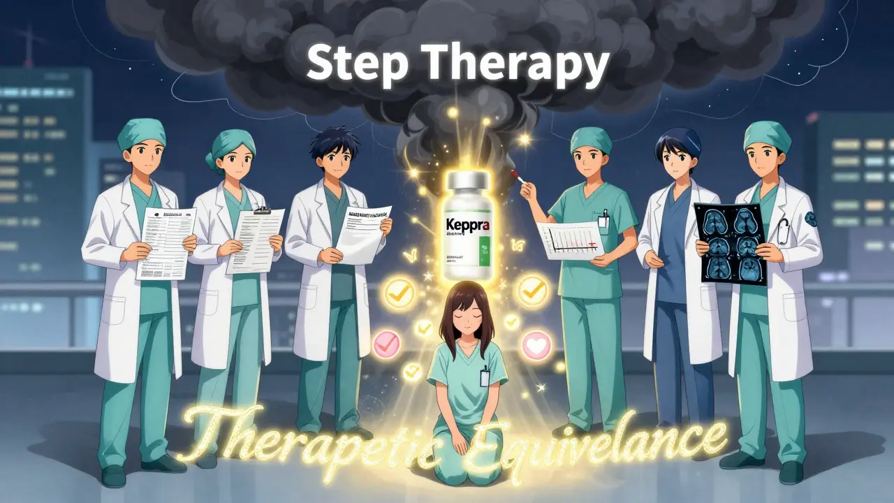 A medical team holds evidence pieces as a glowing brand-name pill pushes back a dark storm cloud of step therapy.