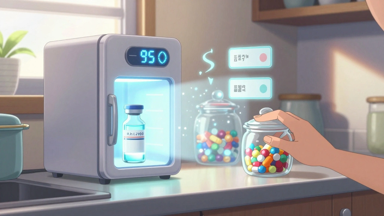 A mini-fridge with insulin glowing beside a candy jar blocked by a shimmering light barrier.