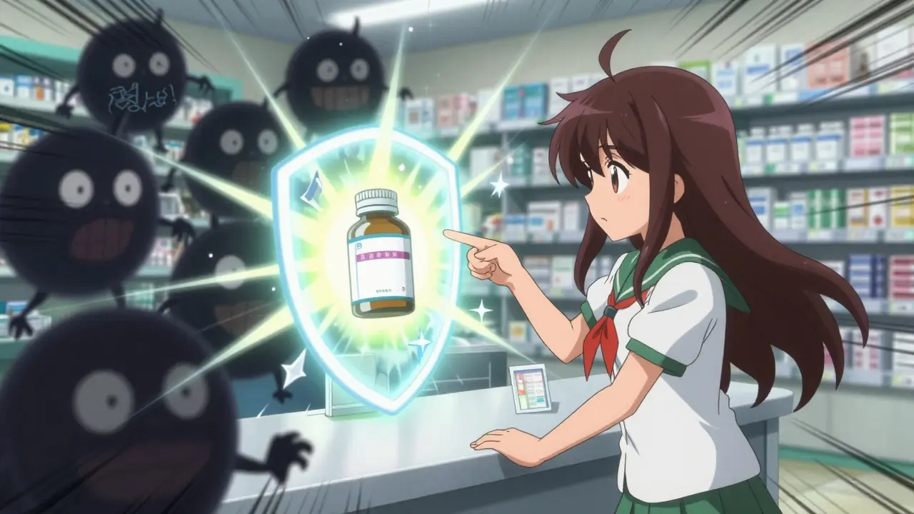 A patient stands at a pharmacy counter, glowing correct label protecting them from shadowy error creatures.