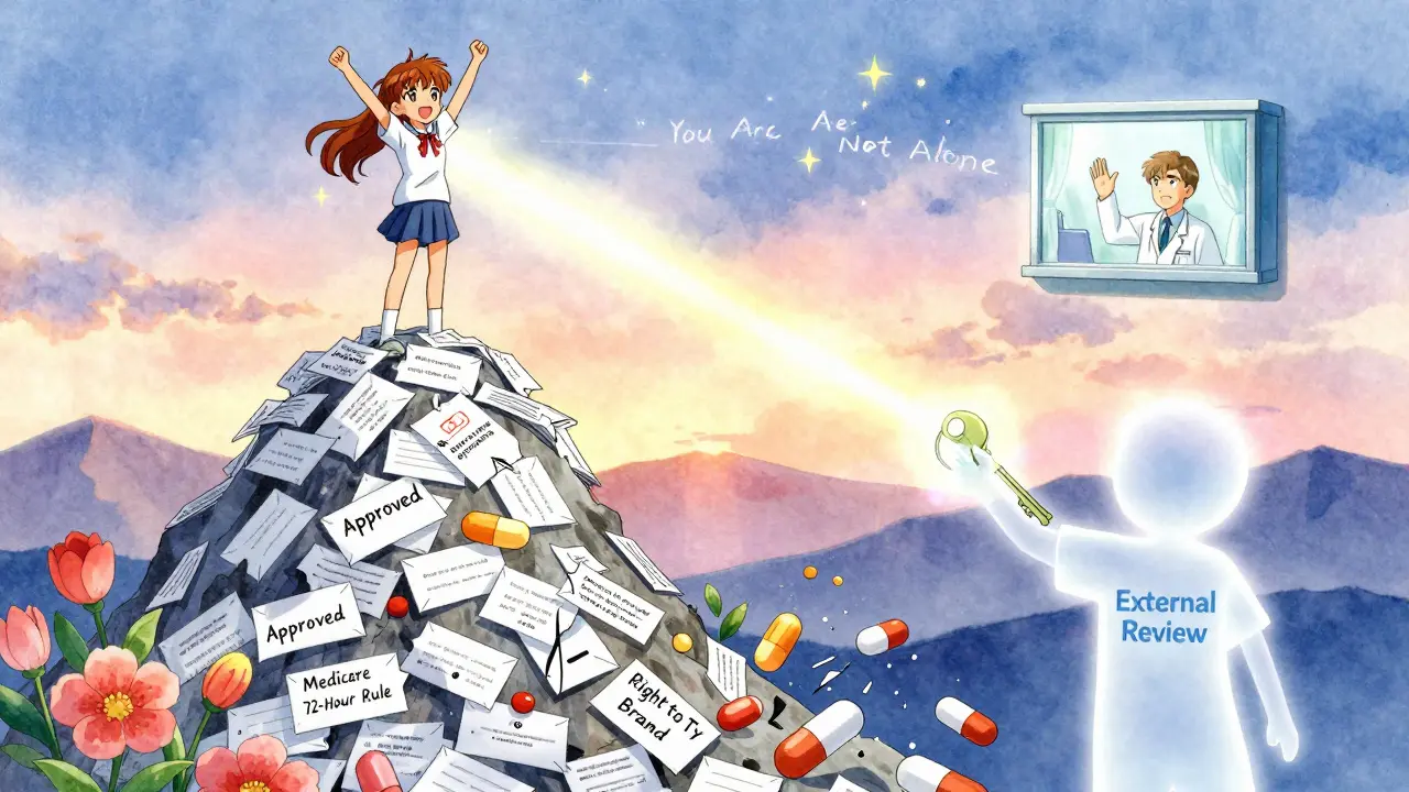 A patient stands atop denied letters, a bridge of light leading to their doctor, with flowers of approval blooming below.