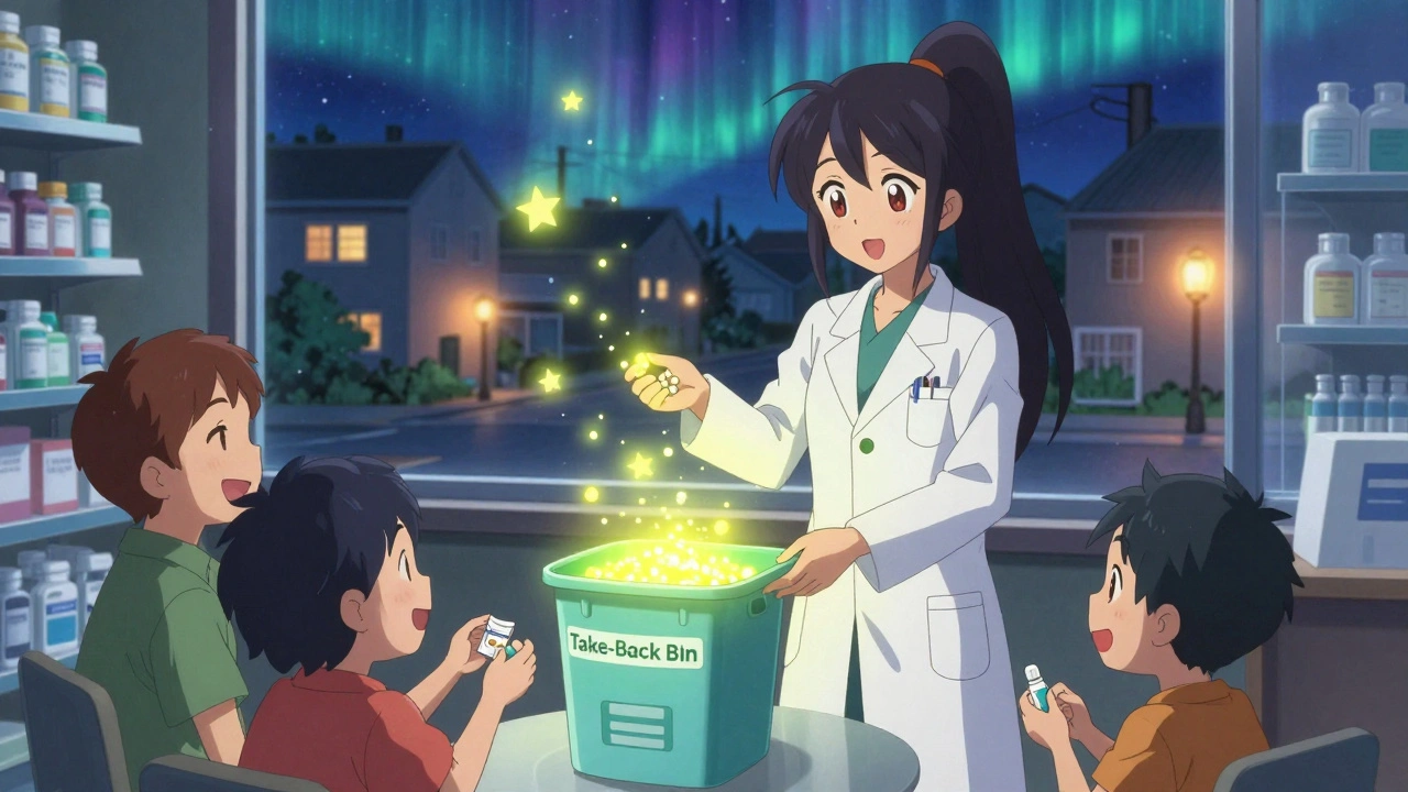 A pharmacist accepting expired meds into a glowing bin that turns them into floating fireflies at night.