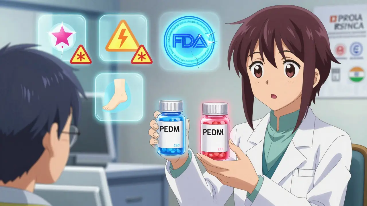 A pharmacist hands two pills—one glowing red, one blue—with warning icons floating around them.