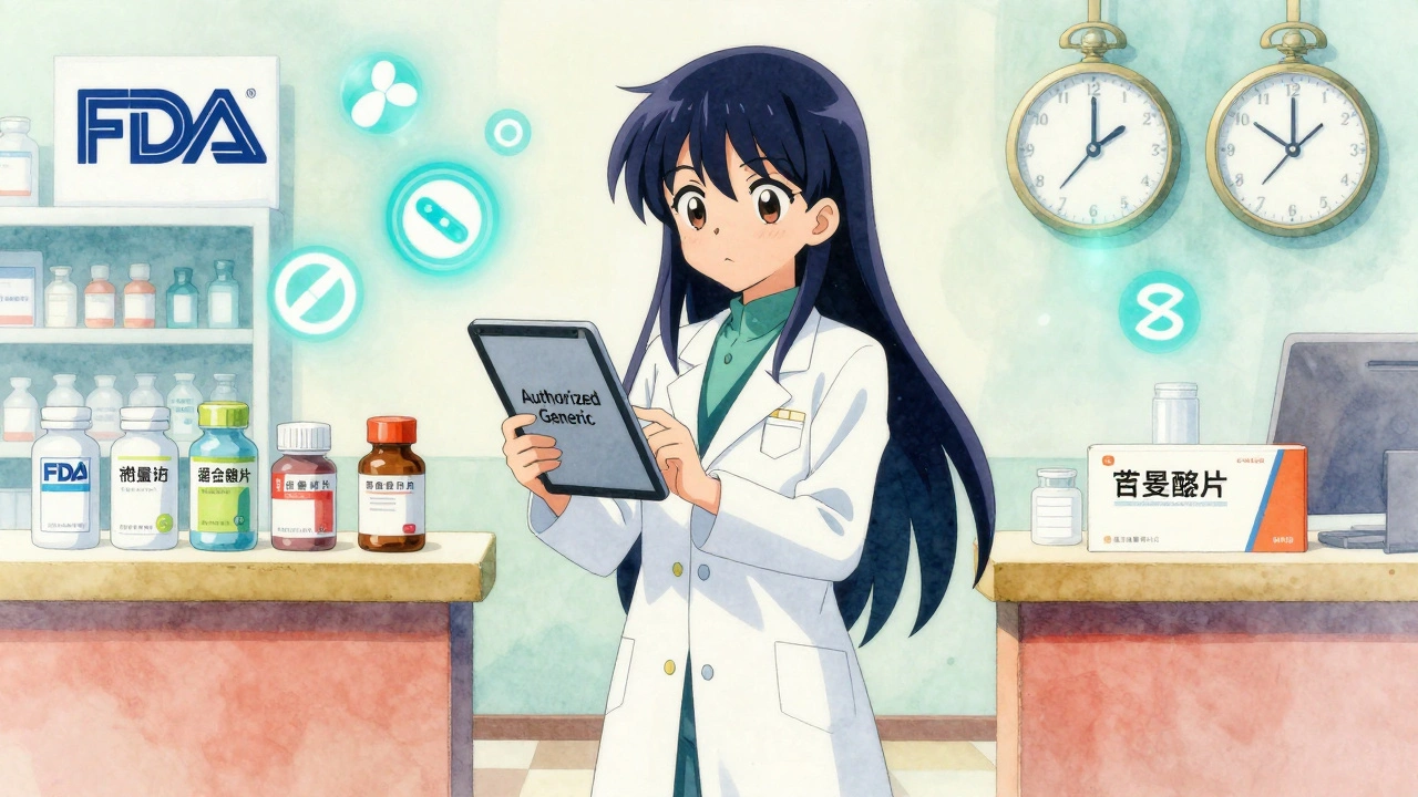 A pharmacist in a cape stands between brand and generic pills, holding an authorized generic with glowing symbols.