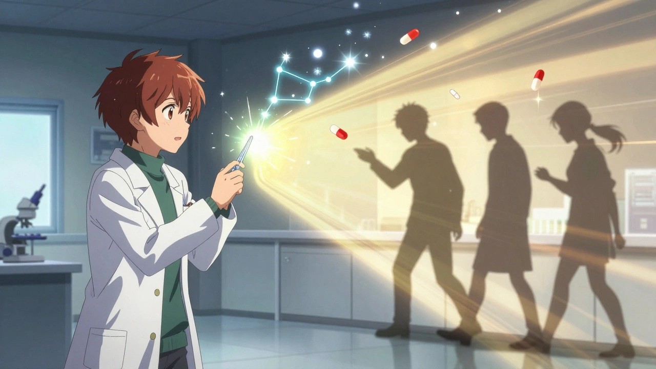 A pharmacist scanning a cheek swab that becomes a constellation of gene variants, with four patient shadows reacting differently.