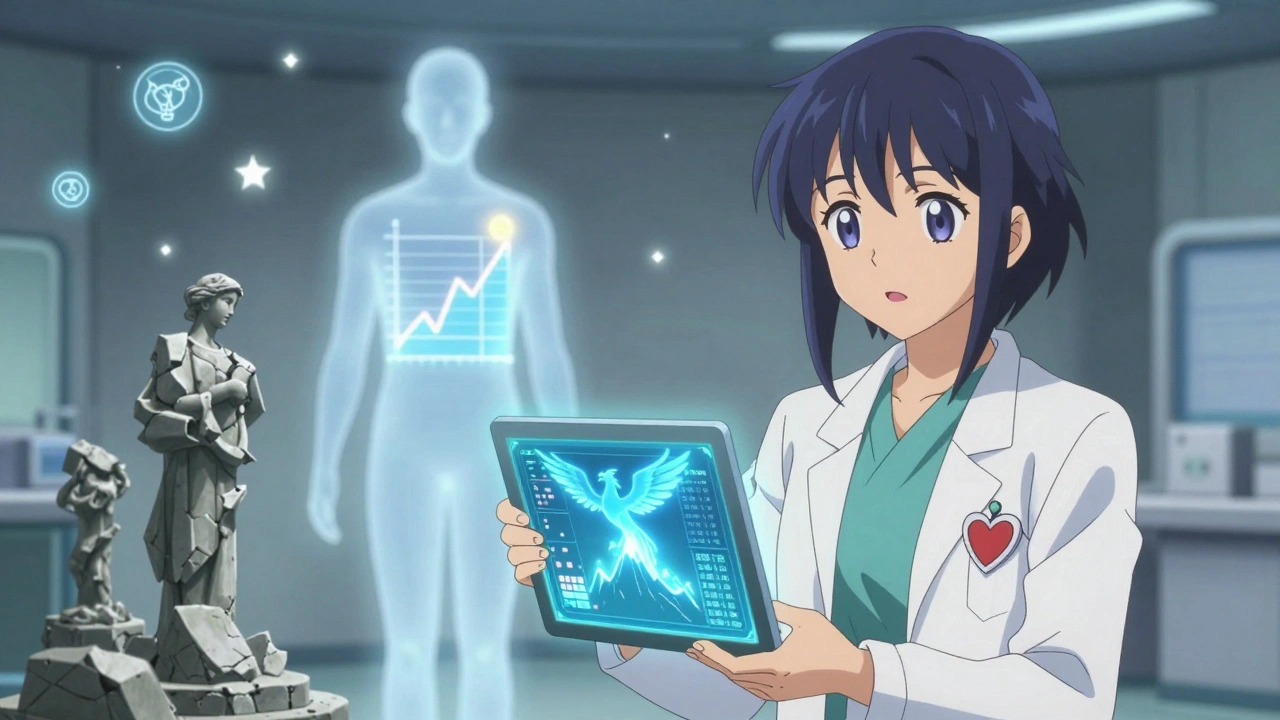 A phoenix symbolizing pitavastatin rising above data mountains in a futuristic clinic with glowing patient silhouette.