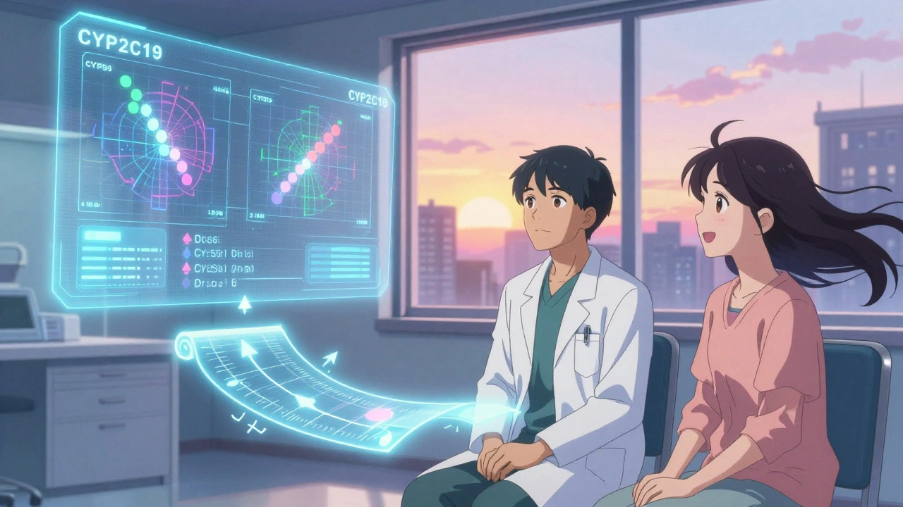 A psychiatrist and patient viewing a holographic gene map with a glowing dosing roadmap, sunrise in the background.