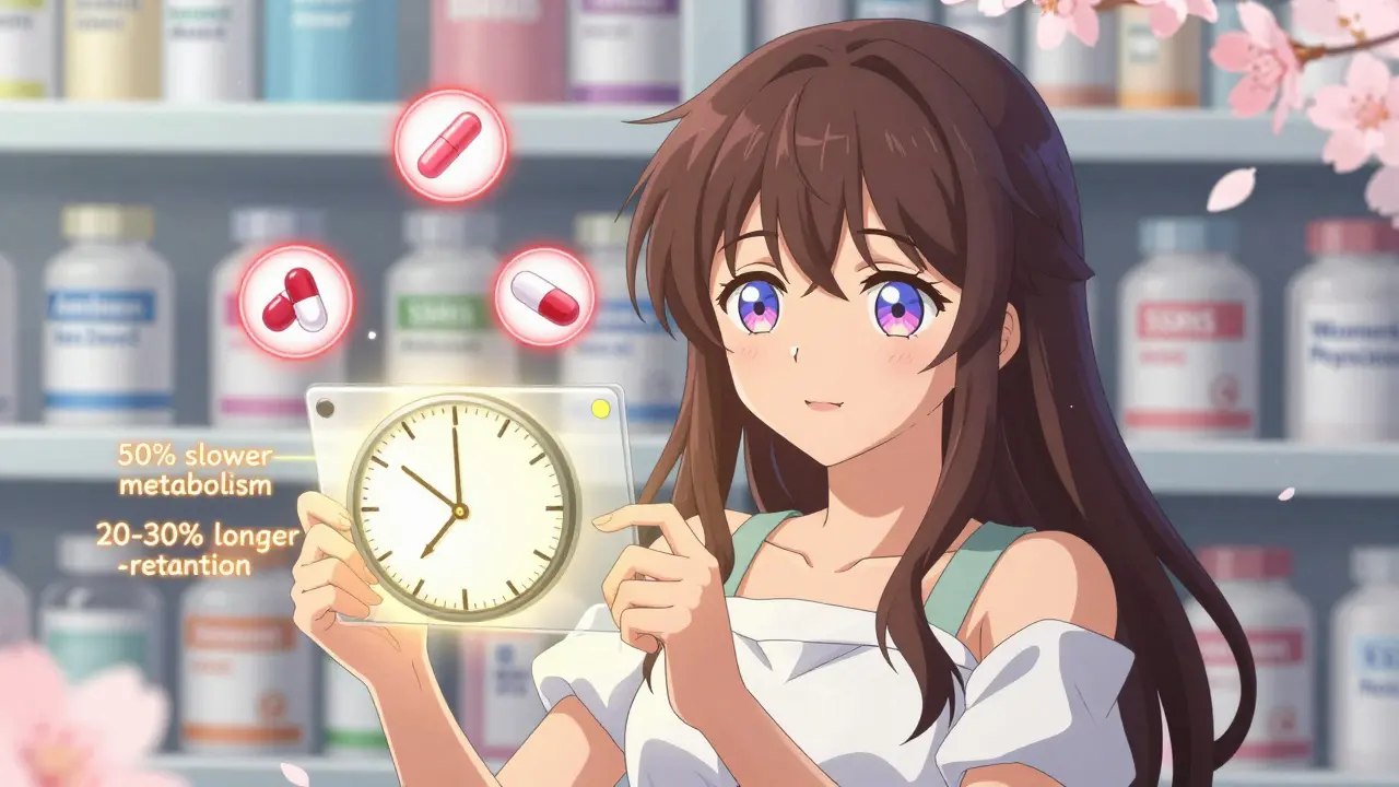 A woman holding a prescription that transforms into a dual-clock showing different drug metabolism speeds.