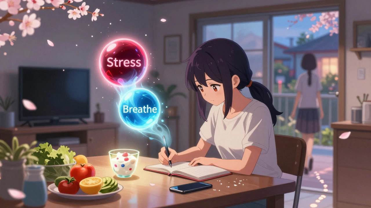 A woman writes in a journal as emotion orbs transform into calm waves, healthy snacks glow nearby, phone face-down, petals swirl in the air.