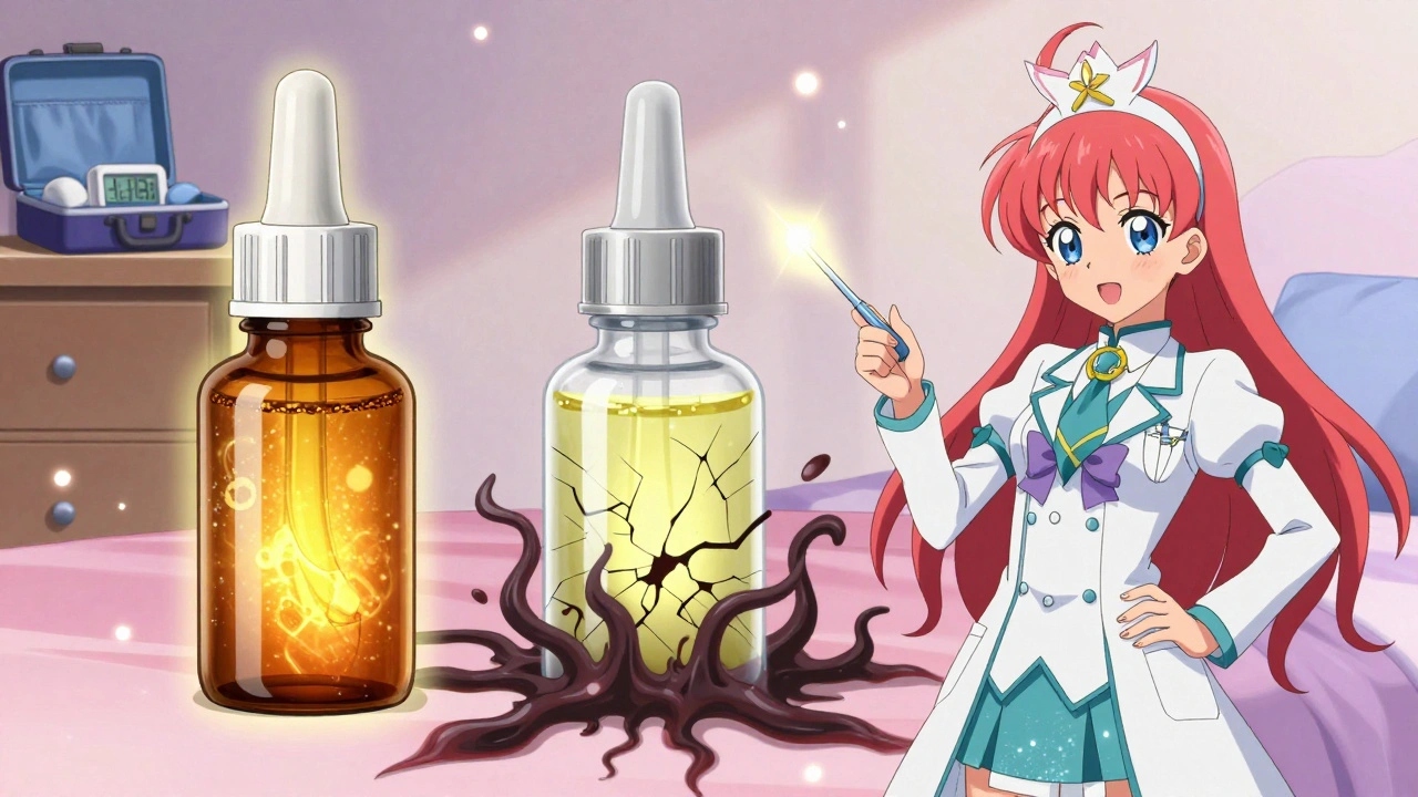 Amber bottle glowing safely vs. cracked clear bottle turning yellow with shadowy decay, held by a medical-themed heroine.