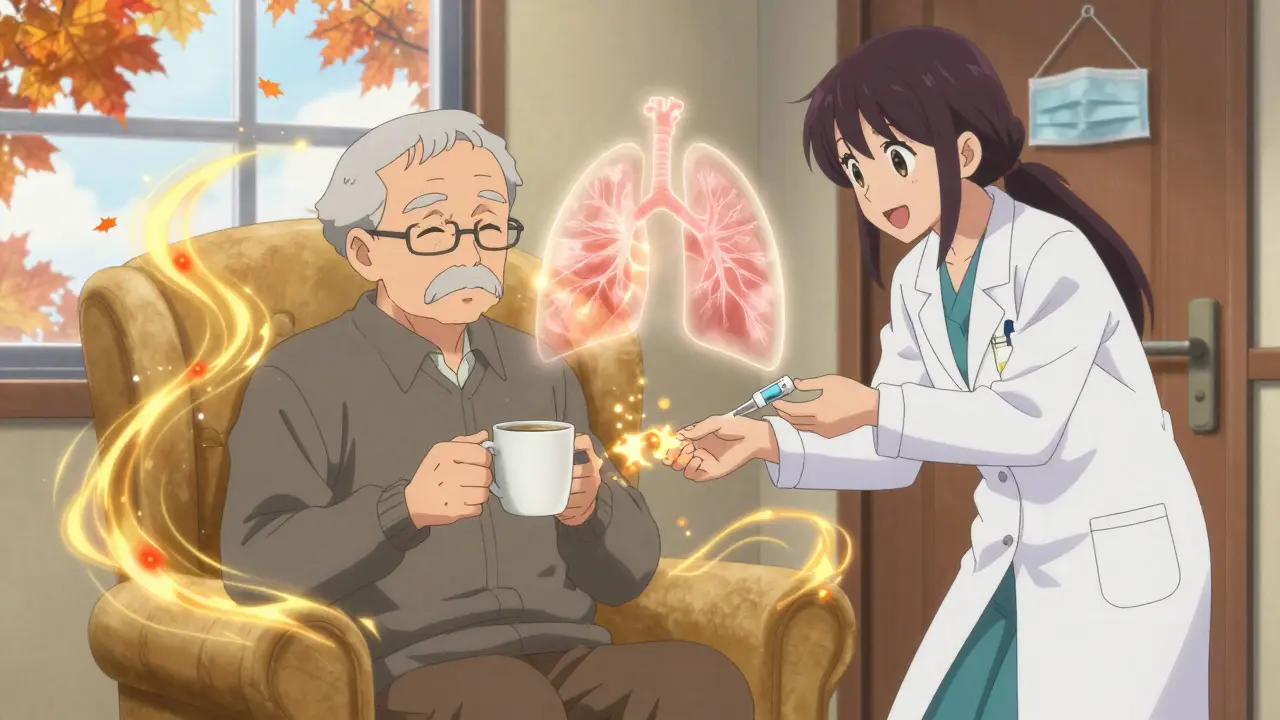 An elderly man receives an RSV vaccine, with his heart and lungs glowing stronger behind him.