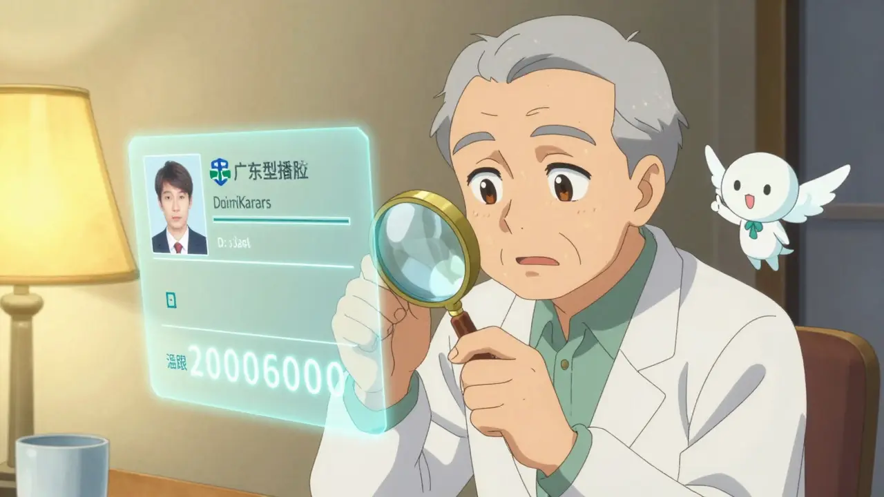 An elderly man uses a magnifying glass to read his medication label, with helpful holographic details appearing nearby.