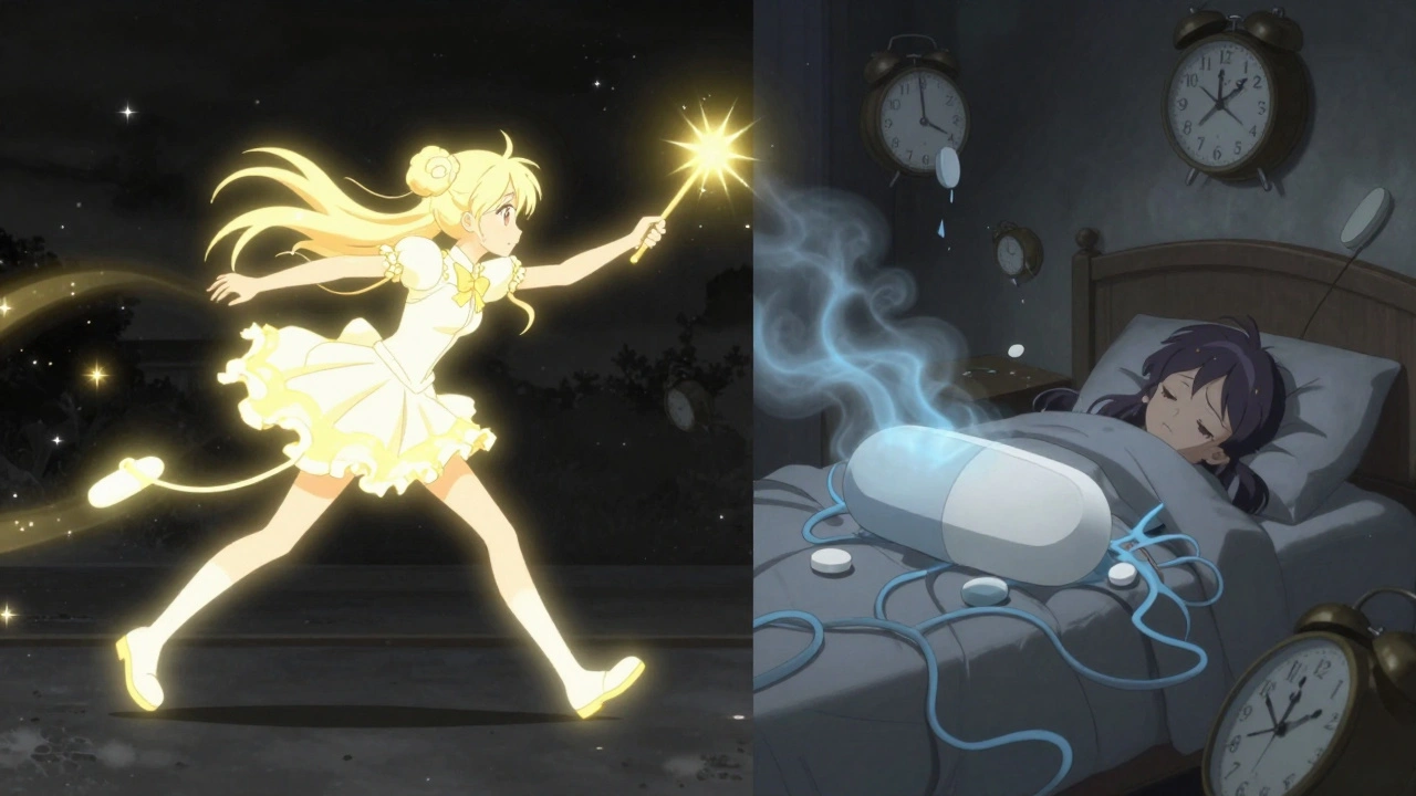 Battle between sparkling immediate-release melatonin and sluggish time-released pill in night sky.