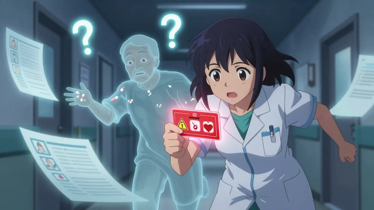 Caregiver holding a glowing red emergency card in a hospital hallway at night.