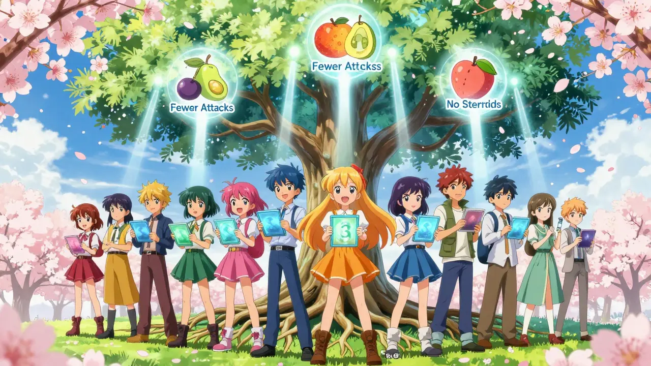 Children and adults united with glowing tablets and shots, forming a tree of long-term freedom.