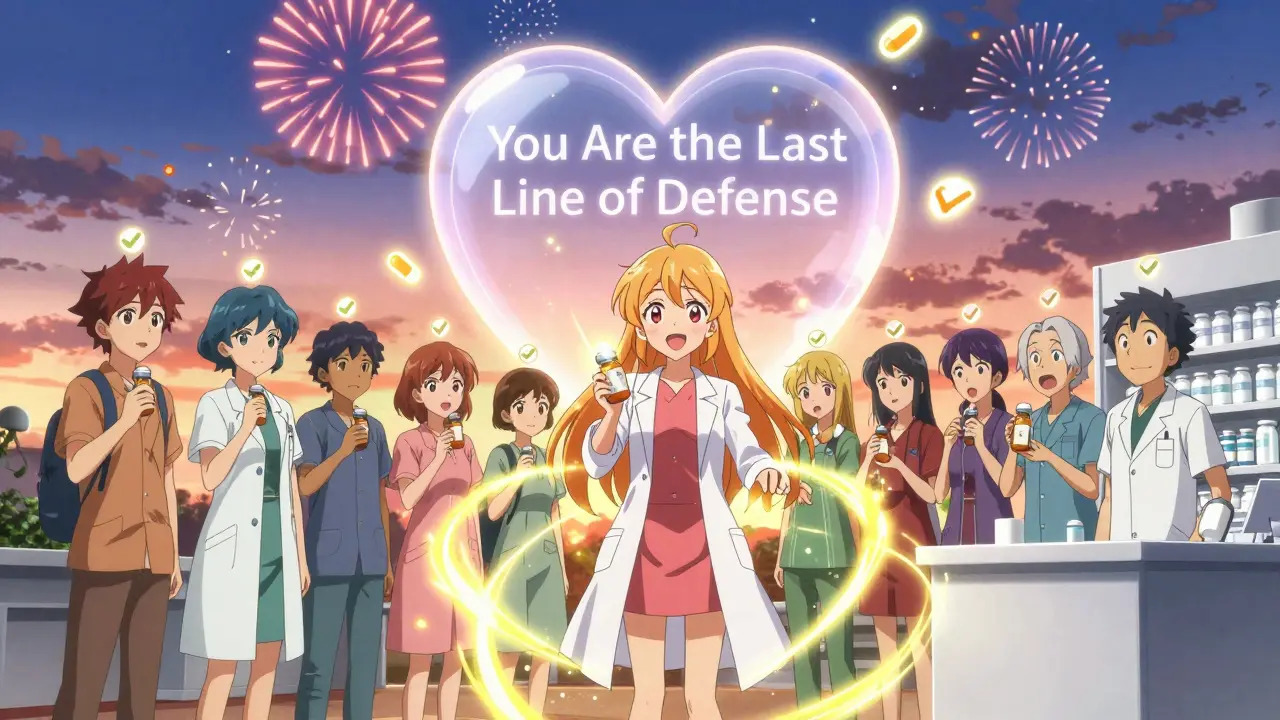 Diverse group stands in glowing circle, heart-shaped shield behind them