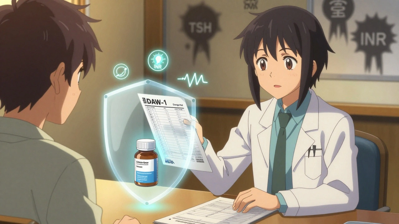 Doctor and patient reviewing lab results with glowing health indicators and a DAW-1 shield protecting the medication.