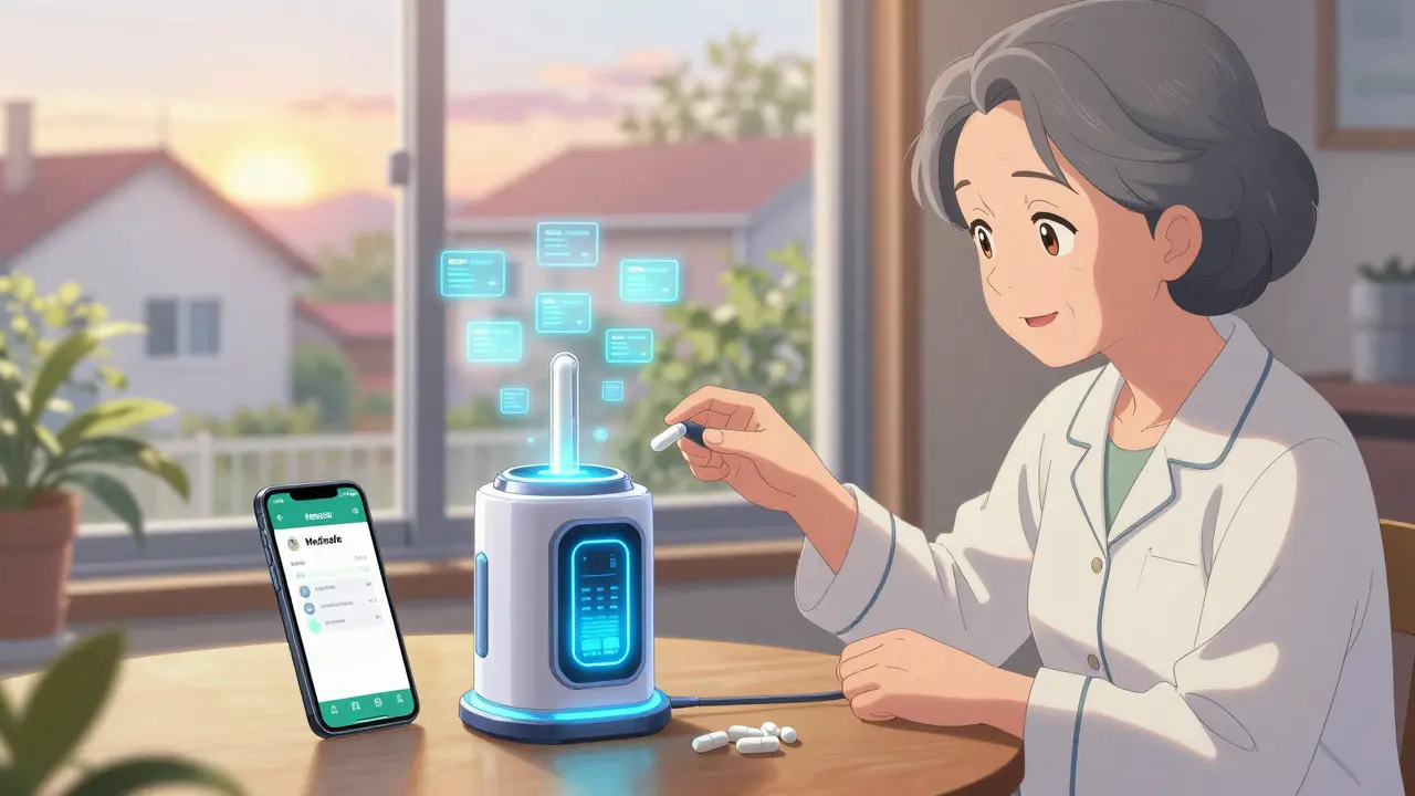 Elderly person taking pills from a glowing electronic dispenser with phone alerts.