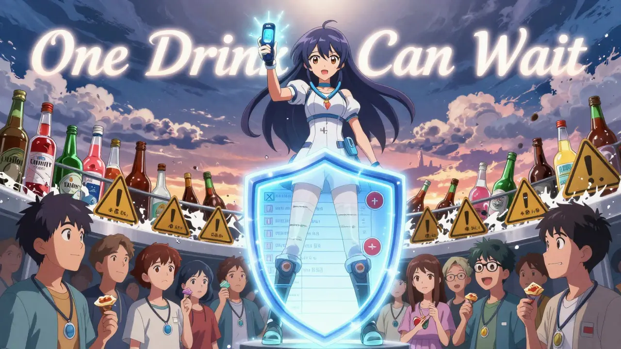 Hero with CGM shield blocking alcohol storm, crowd wearing medical alerts, dawn in background.