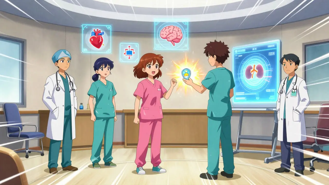Medical team in anime style with floating health icons and patient receiving approval badge