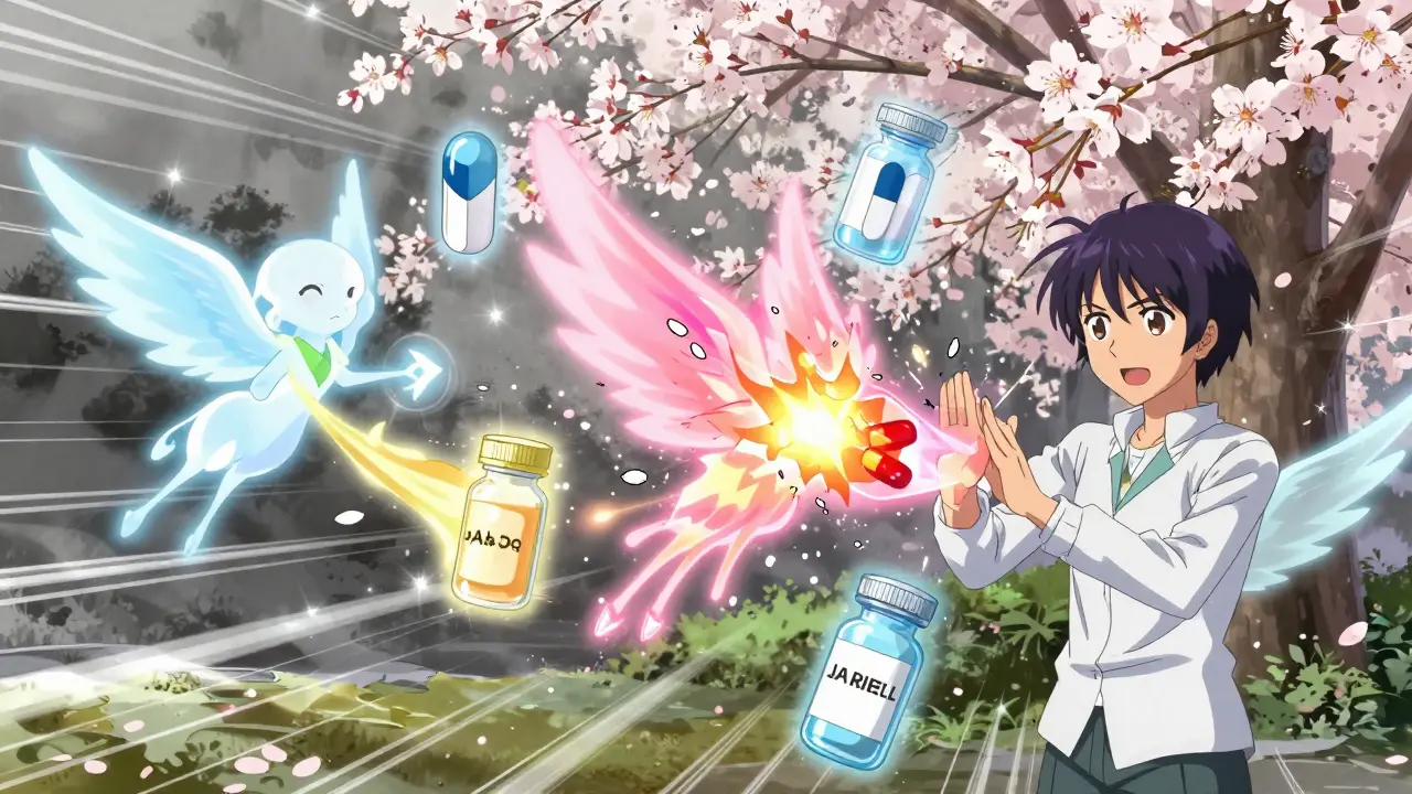 Medication symbols transform into spirits that dissolve joint pain, replaced by blooming cherry blossoms.